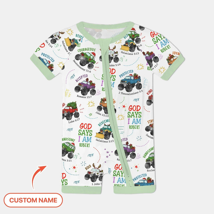 Personalized God Says I Am Christmas Monster Truck Shorty Zippy , Personalized God Says I Am Christmas Monster Truck Shorty Zippy - 0-3M