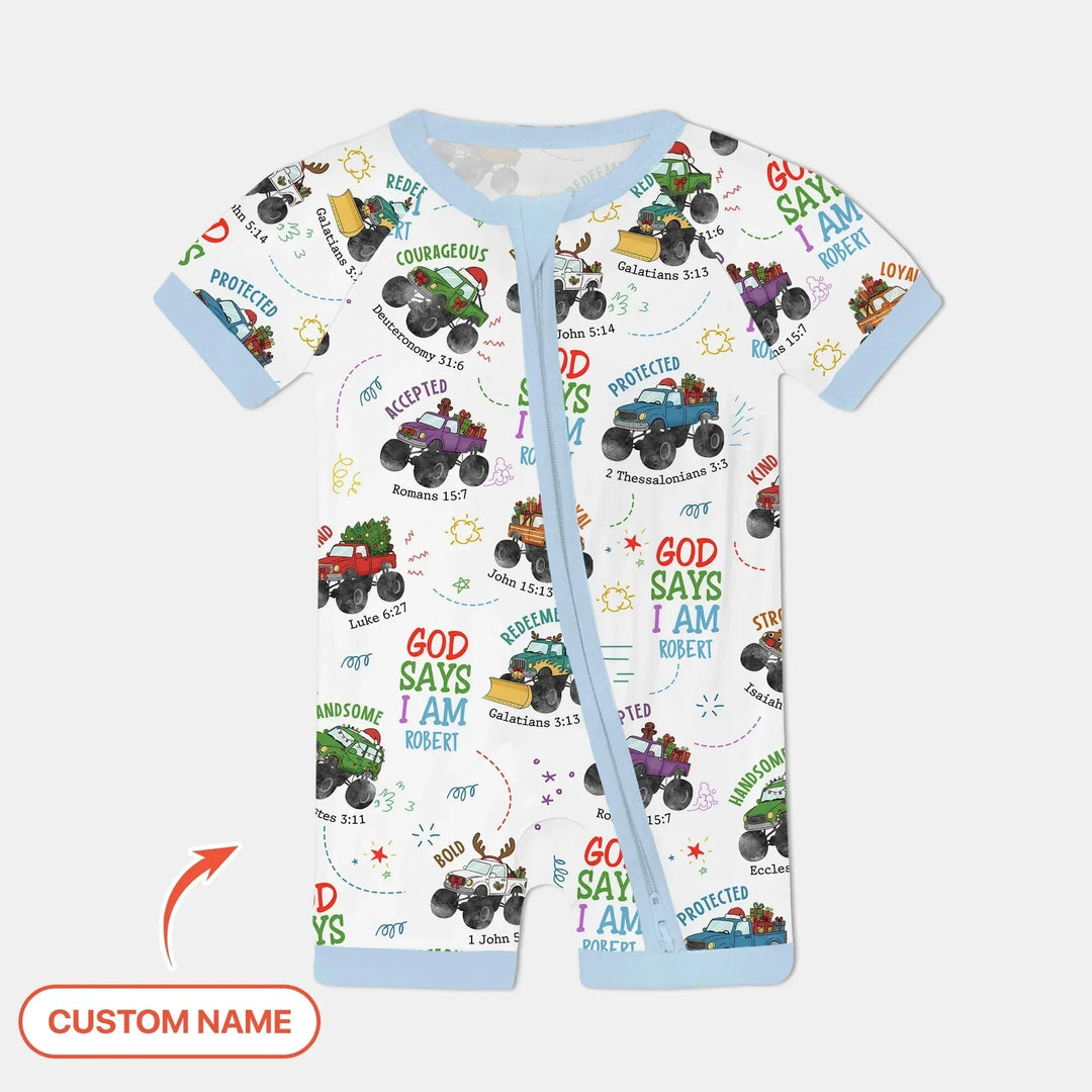Personalized God Says I Am Christmas Monster Truck Shorty Zippy , Personalized God Says I Am Christmas Monster Truck Shorty Zippy - 0-3M