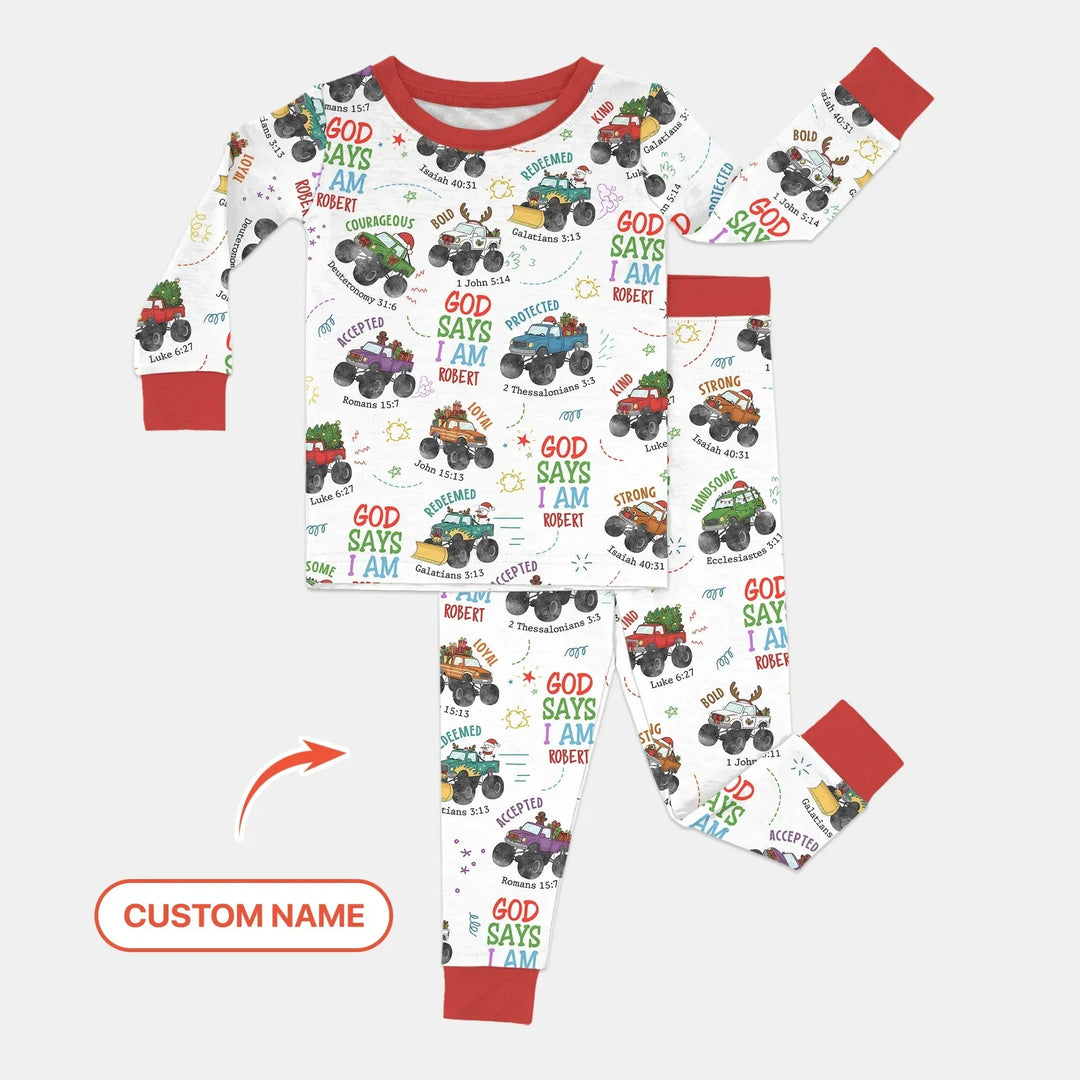 Personalized God Says I Am Christmas Monster Truck Two Piece Long Sleeve Pajama Set , Personalized God Says I Am Christmas Monster Truck Two Piece Long Sleeve Pajama Set - 12-18M
