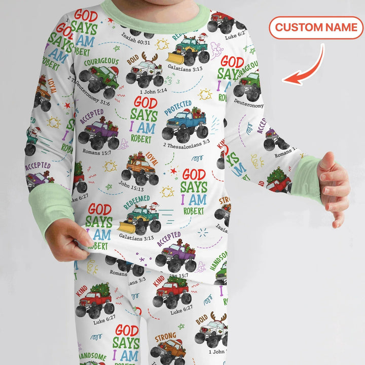Personalized God Says I Am Christmas Monster Truck Two Piece Long Sleeve Pajama Set , Personalized God Says I Am Christmas Monster Truck Two Piece Long Sleeve Pajama Set - 12-18M
