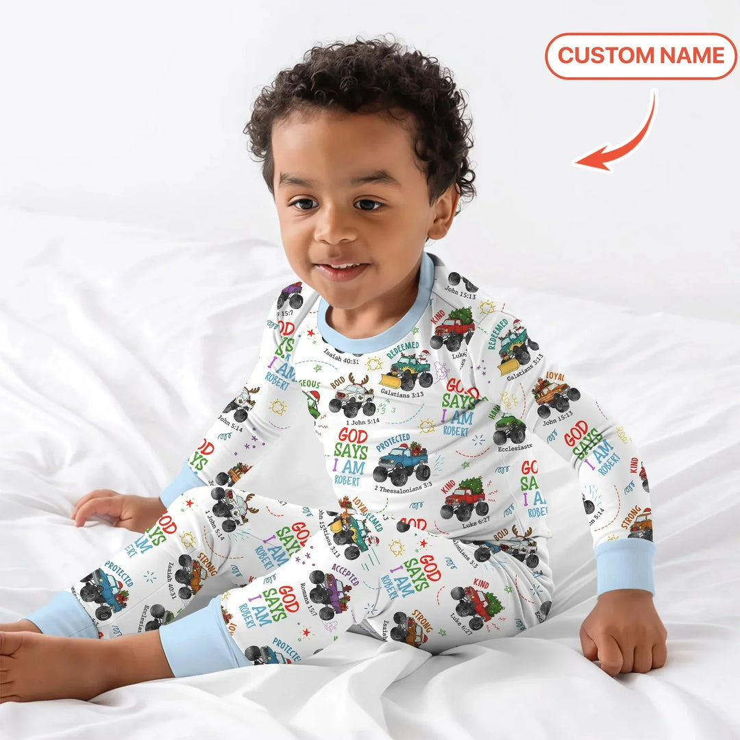 Personalized God Says I Am Christmas Monster Truck Two Piece Long Sleeve Pajama Set , Personalized God Says I Am Christmas Monster Truck Two Piece Long Sleeve Pajama Set - 12-18M