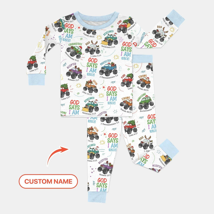 Personalized God Says I Am Christmas Monster Truck Two Piece Long Sleeve Pajama Set , Personalized God Says I Am Christmas Monster Truck Two Piece Long Sleeve Pajama Set - 12-18M