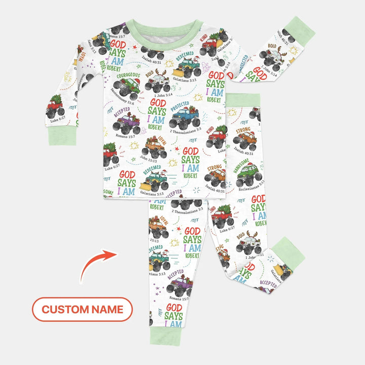 Personalized God Says I Am Christmas Monster Truck Two Piece Long Sleeve Pajama Set , Personalized God Says I Am Christmas Monster Truck Two Piece Long Sleeve Pajama Set - 12-18M