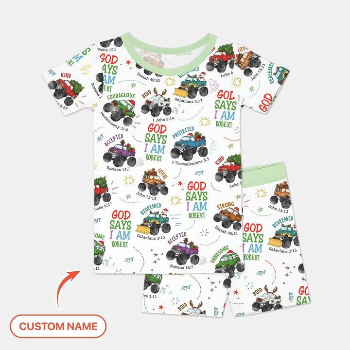 Personalized God Says I Am Christmas Monster Truck Two Piece Short Sleeve Shorts Pajama Set , Personalized God Says I Am Christmas Monster Truck Two Piece Short Sleeve Shorts Pajama Set - 12-18M