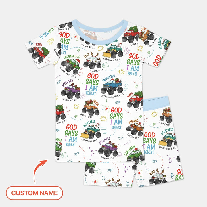 Personalized God Says I Am Christmas Monster Truck Two Piece Short Sleeve Shorts Pajama Set , Personalized God Says I Am Christmas Monster Truck Two Piece Short Sleeve Shorts Pajama Set - 12-18M