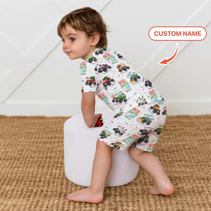 Personalized God Says I Am Christmas Monster Truck Two Piece Short Sleeve Shorts Pajama Set , Personalized God Says I Am Christmas Monster Truck Two Piece Short Sleeve Shorts Pajama Set - 12-18M