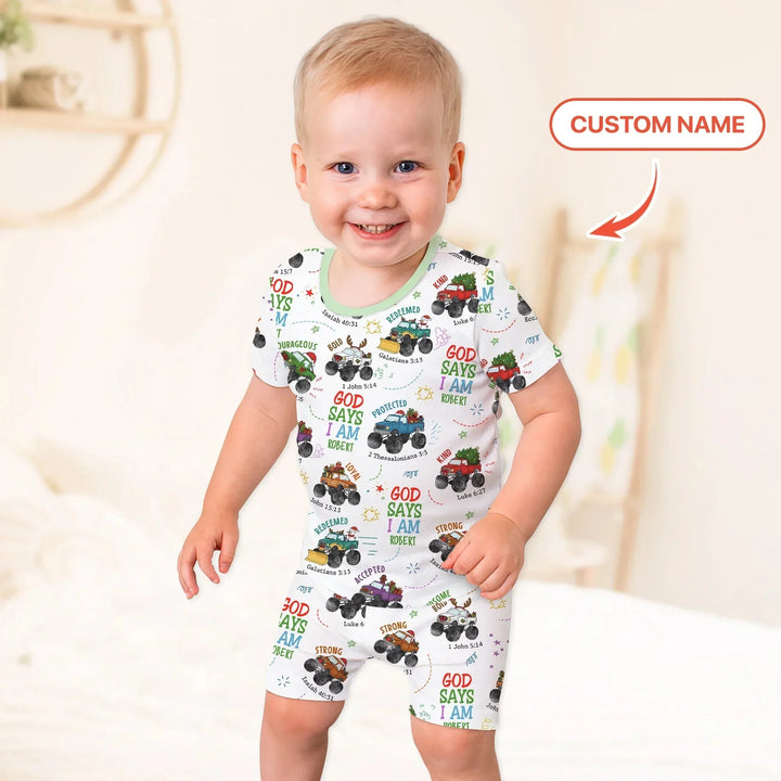 Personalized God Says I Am Christmas Monster Truck Two Piece Short Sleeve Shorts Pajama Set , Personalized God Says I Am Christmas Monster Truck Two Piece Short Sleeve Shorts Pajama Set - 12-18M