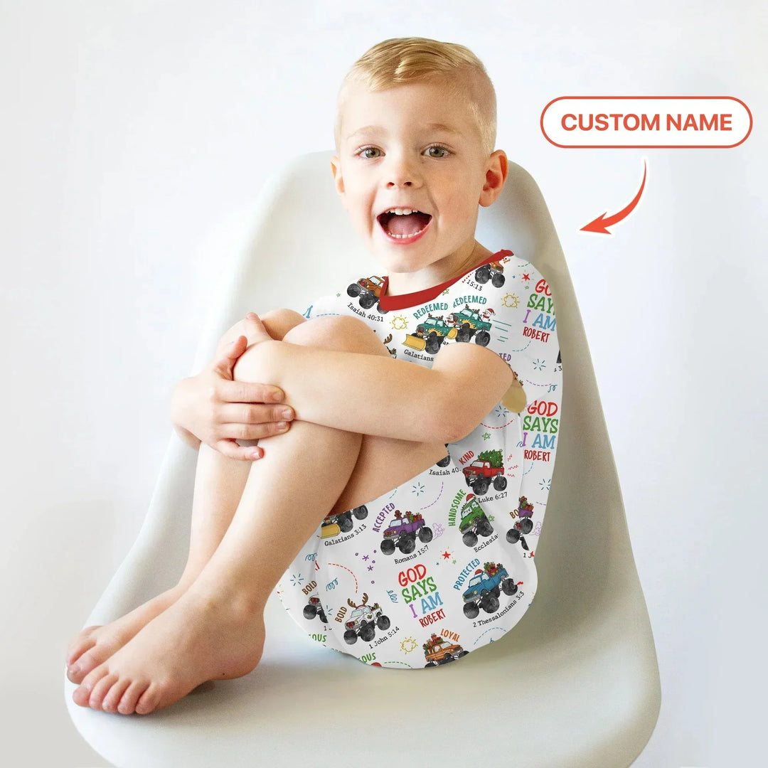 Personalized God Says I Am Christmas Monster Truck Two Piece Short Sleeve Shorts Pajama Set , Personalized God Says I Am Christmas Monster Truck Two Piece Short Sleeve Shorts Pajama Set - 12-18M
