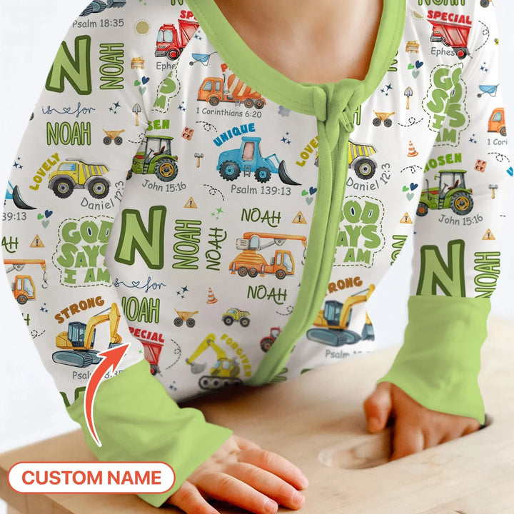 Personalized God Says I Am Construction Vehicules Convertible Zippy , Personalized God Says I Am Construction Vehicules Convertible Zippy - 0-3M