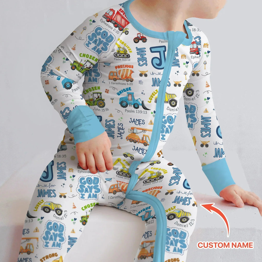 Personalized God Says I Am Construction Vehicules Convertible Zippy , Personalized God Says I Am Construction Vehicules Convertible Zippy - 0-3M