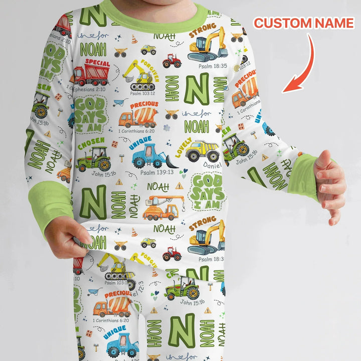Personalized God Says I Am Construction Vehicules Two Piece Long Sleeve Pajama Set , Personalized God Says I Am Construction Vehicules Two Piece Long Sleeve Pajama Set - 12-18M
