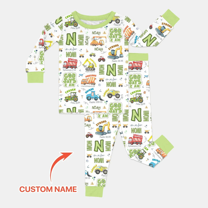 Personalized God Says I Am Construction Vehicules Two Piece Long Sleeve Pajama Set , Personalized God Says I Am Construction Vehicules Two Piece Long Sleeve Pajama Set - 12-18M
