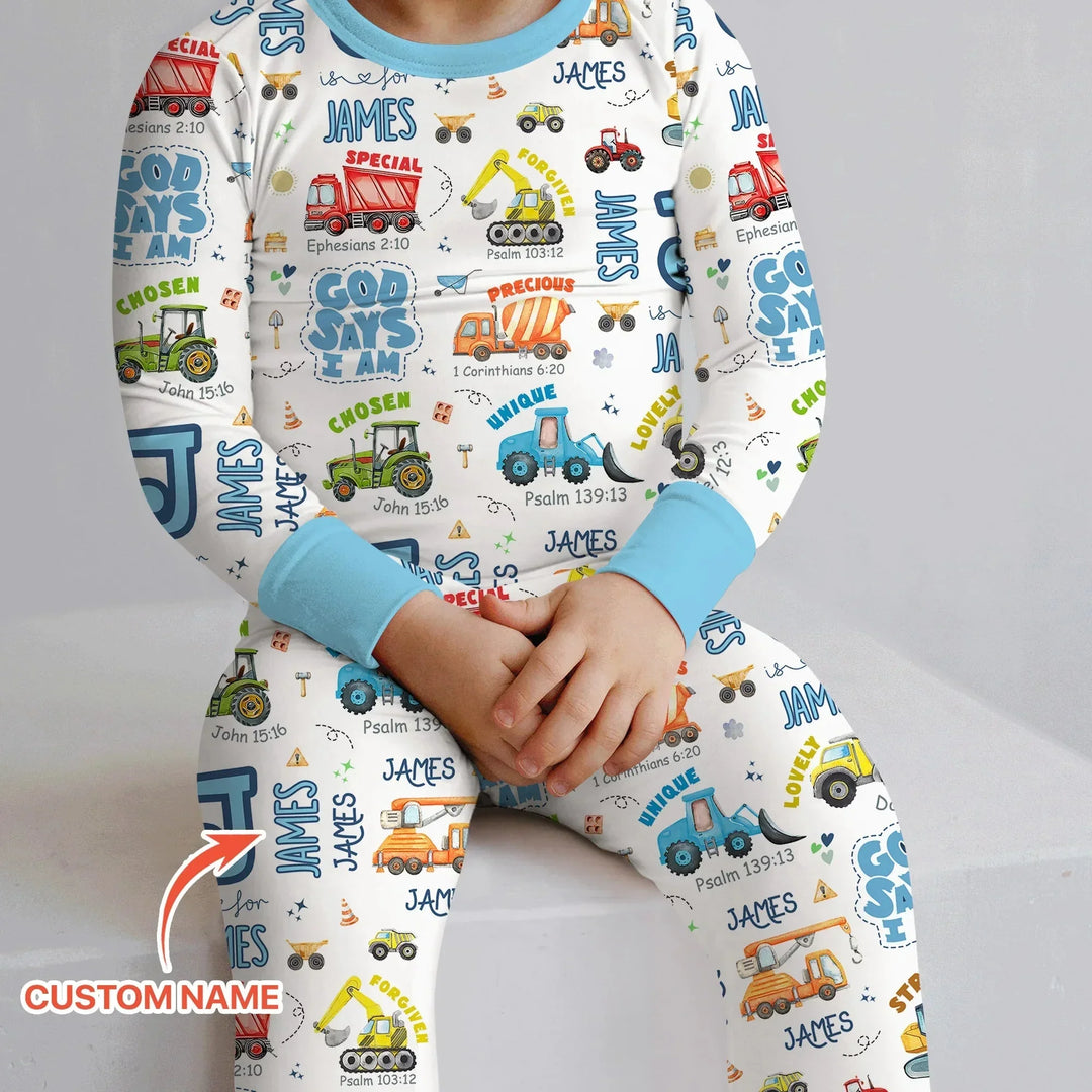 Personalized God Says I Am Construction Vehicules Two Piece Long Sleeve Pajama Set , Personalized God Says I Am Construction Vehicules Two Piece Long Sleeve Pajama Set - 12-18M