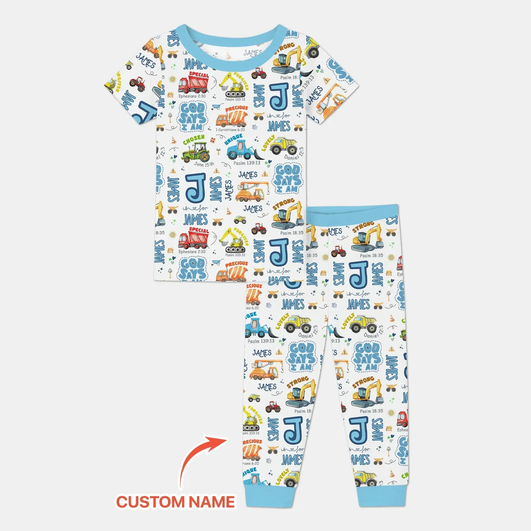 Personalized God Says I Am Construction Vehicules Two Piece Short Sleeve Pajama Set , Personalized God Says I Am Construction Vehicules Two Piece Short Sleeve Pajama Set - 12-18M