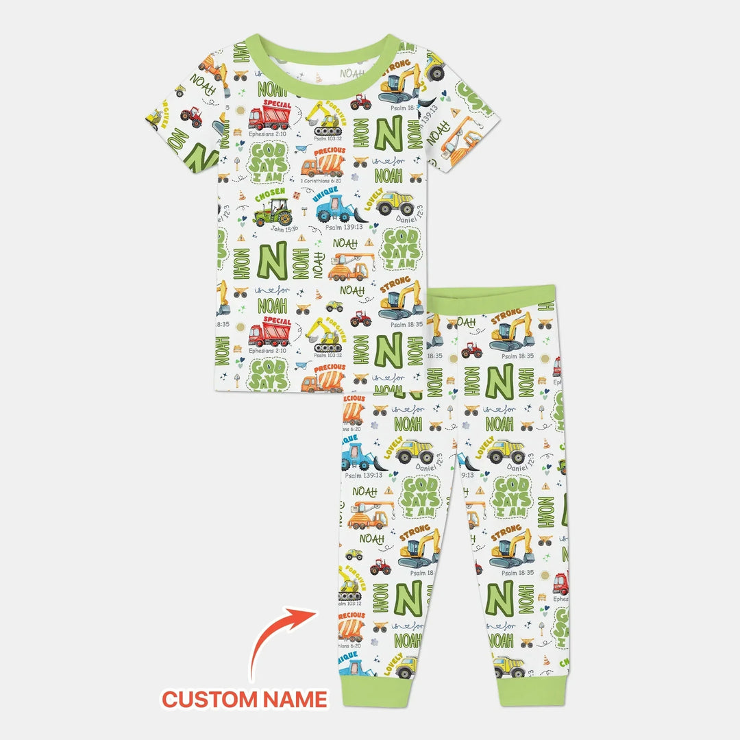 Personalized God Says I Am Construction Vehicules Two Piece Short Sleeve Pajama Set , Personalized God Says I Am Construction Vehicules Two Piece Short Sleeve Pajama Set - 12-18M