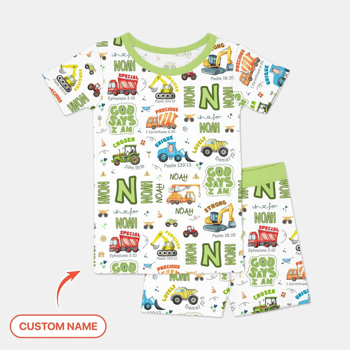 Personalized God Says I Am Construction Vehicules Two Piece Short Sleeve Shorts Pajama Set , Personalized God Says I Am Construction Vehicules Two Piece Short Sleeve Shorts Pajama Set - 12-18M