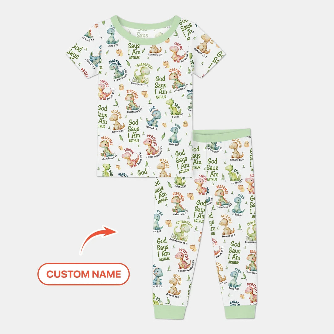 Personalized God Says I Am Dinosaur Two Piece Short Sleeve Pajama Set , Personalized God Says I Am Dinosaur Two Piece Short Sleeve Pajama Set - 12-18M