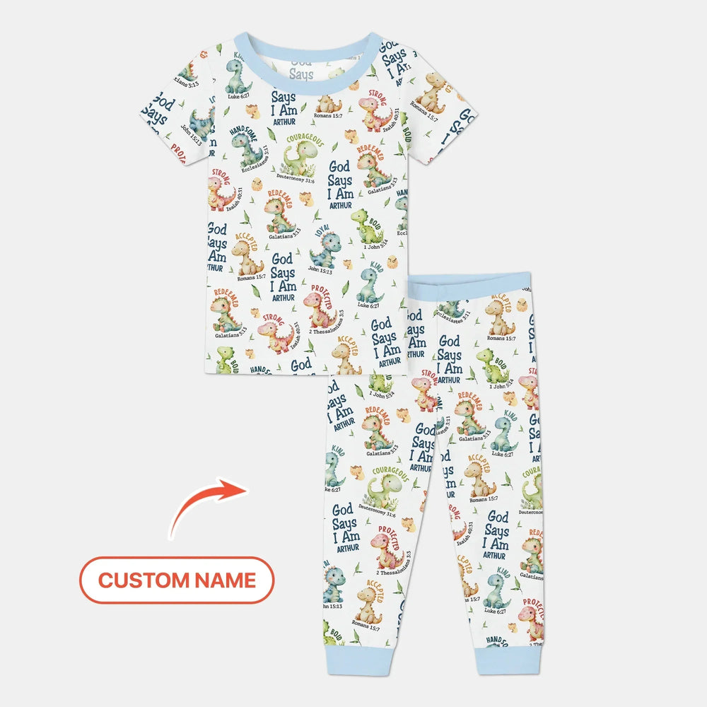 Personalized God Says I Am Dinosaur Two Piece Short Sleeve Pajama Set , Personalized God Says I Am Dinosaur Two Piece Short Sleeve Pajama Set - 12-18M