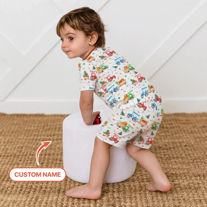 Personalized Santa's Little Builders Two Piece Short Sleeve Shorts Pajama Set , Personalized Santa's Little Builders Two Piece Short Sleeve Shorts Pajama Set - 12-18M