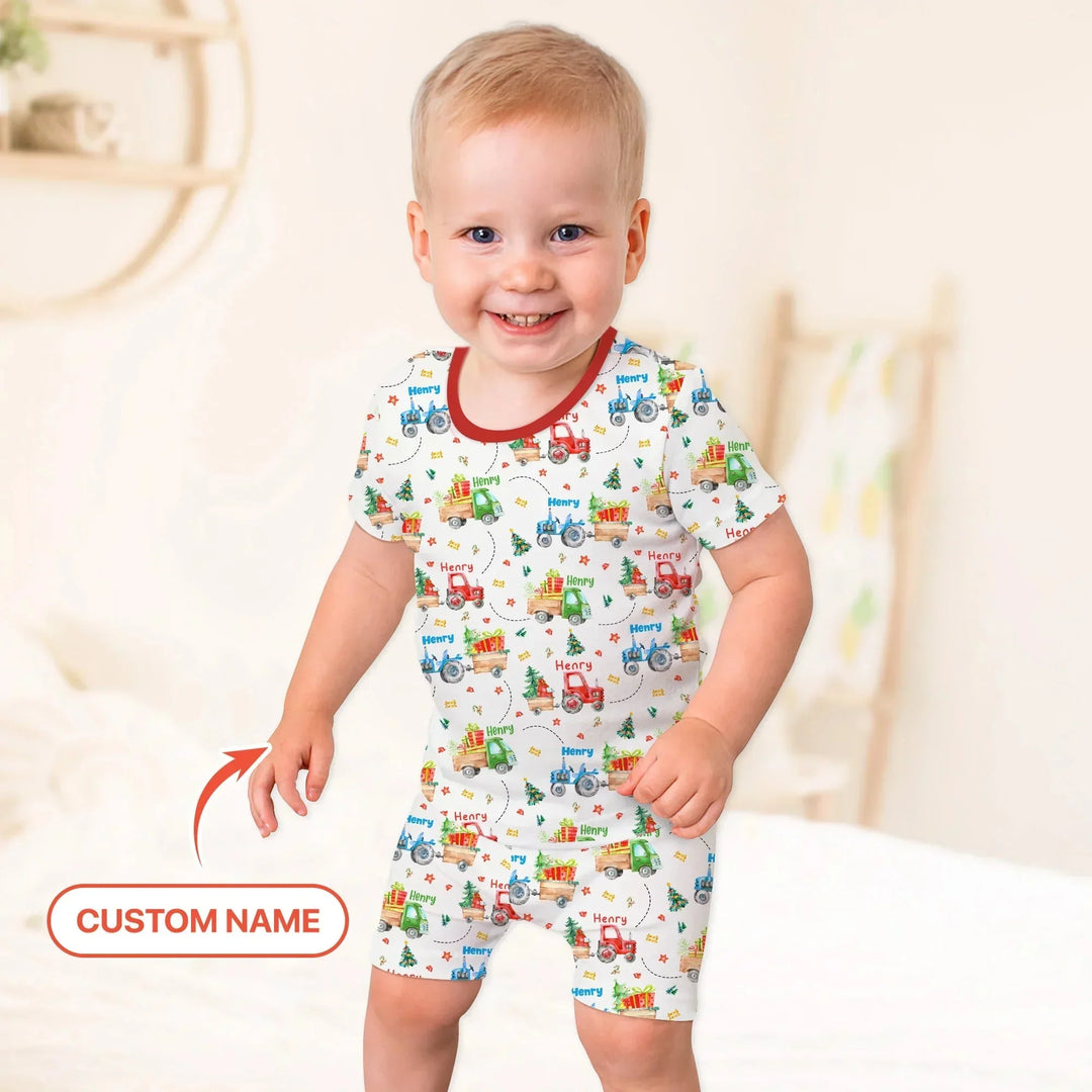 Personalized Santa's Little Builders Two Piece Short Sleeve Shorts Pajama Set , Personalized Santa's Little Builders Two Piece Short Sleeve Shorts Pajama Set - 12-18M