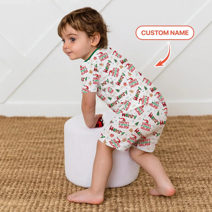 Personalized Santa's Little Helper Two Piece Short Sleeve Shorts Pajama Set , Personalized Santa's Little Helper Two Piece Short Sleeve Shorts Pajama Set - 12-18M