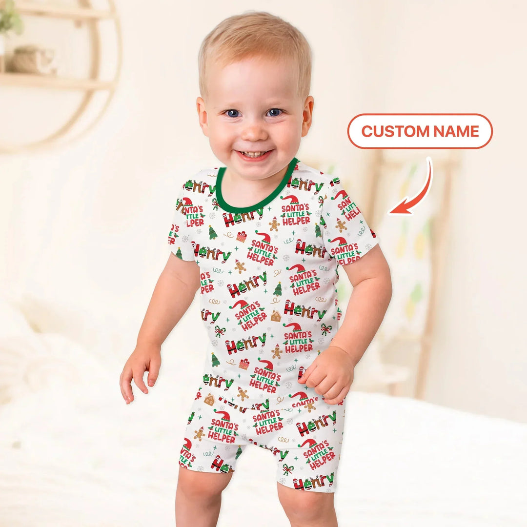 Personalized Santa's Little Helper Two Piece Short Sleeve Shorts Pajama Set , Personalized Santa's Little Helper Two Piece Short Sleeve Shorts Pajama Set - 12-18M