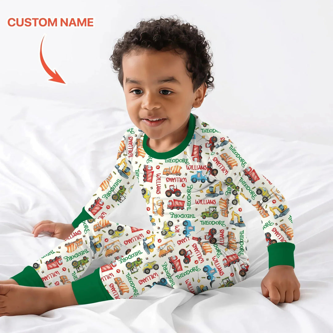 Personalized Tiny Trucks Parade Two Piece Long Sleeve Pajama Set , Personalized Tiny Trucks Parade Two Piece Long Sleeve Pajama Set - 12-18M