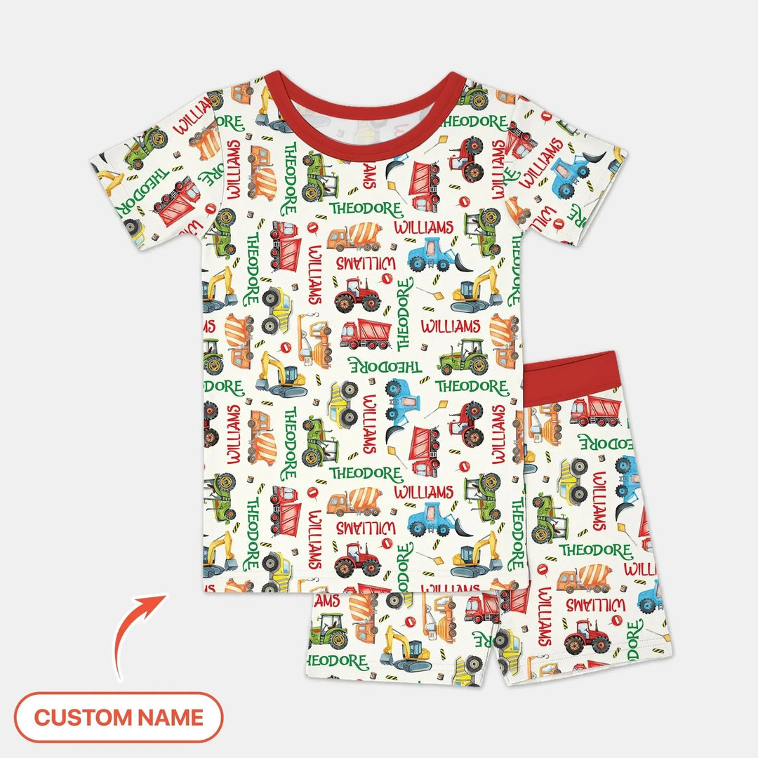 Personalized Tiny Trucks Parade Two Piece Short Sleeve Pajama Set , Personalized Tiny Trucks Parade Two Piece Short Sleeve Pajama Set - 12-18M