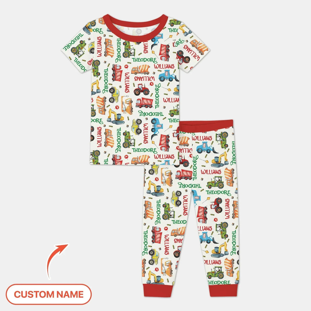 Personalized Tiny Trucks Parade Two Piece Short Sleeve Pajama Set , Personalized Tiny Trucks Parade Two Piece Short Sleeve Pajama Set - 12-18M