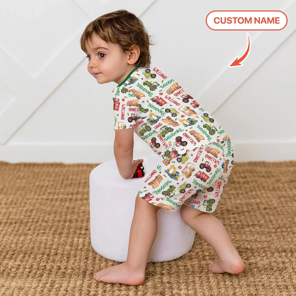 Personalized Tiny Trucks Parade Two Piece Short Sleeve Pajama Set , Personalized Tiny Trucks Parade Two Piece Short Sleeve Pajama Set - 12-18M