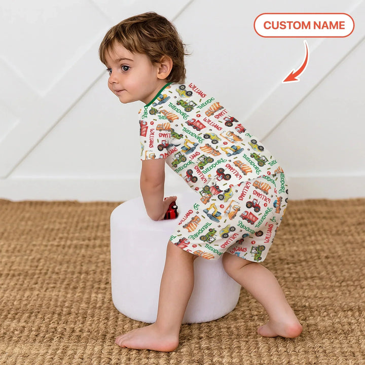 Personalized Tiny Trucks Parade Two Piece Short Sleeve Pajama Set , Personalized Tiny Trucks Parade Two Piece Short Sleeve Pajama Set - 12-18M