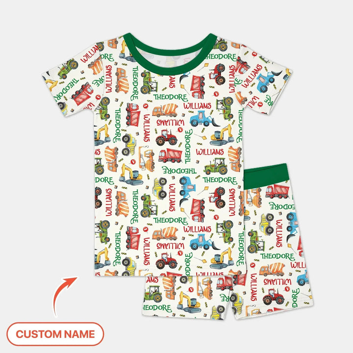 Personalized Tiny Trucks Parade Two Piece Short Sleeve Pajama Set , Personalized Tiny Trucks Parade Two Piece Short Sleeve Pajama Set - 12-18M