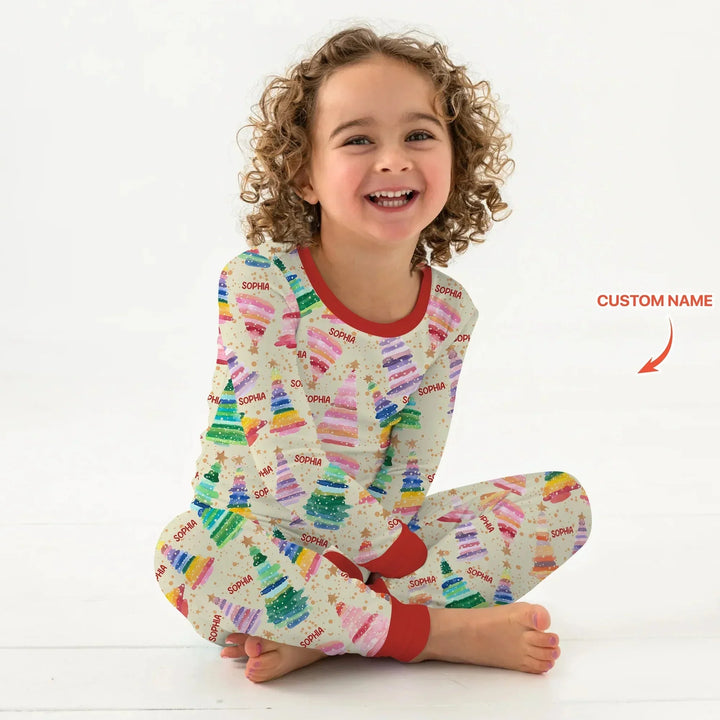 Personalized Twinkle Christmas Trees Two Piece Long Sleeve Pajama Set , Personalized Twinkle Christmas Trees Two Piece Long Sleeve Pajama Set - 12-18M