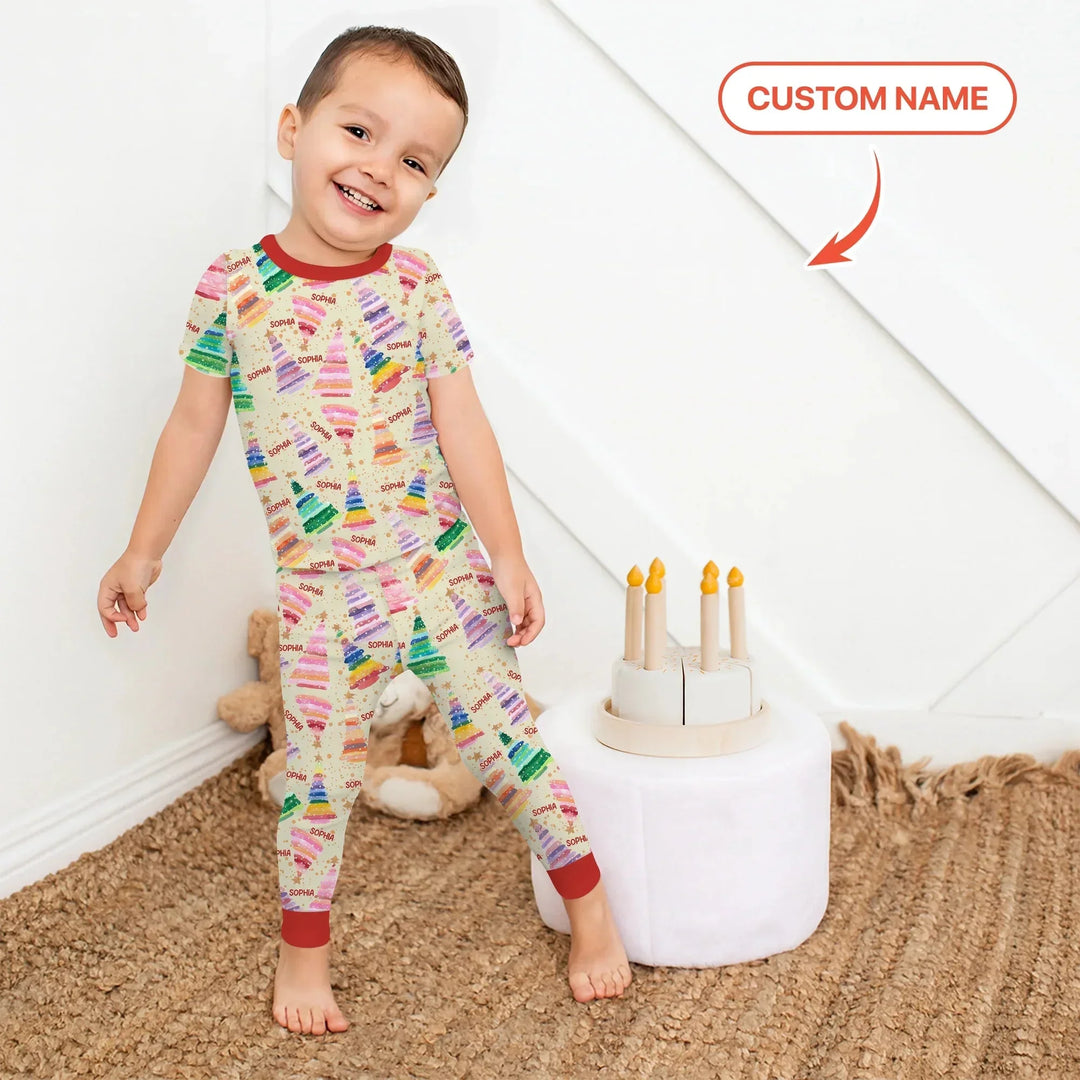 Personalized Twinkle Christmas Trees Two Piece Short Sleeve Pajama Set , Personalized Twinkle Christmas Trees Two Piece Short Sleeve Pajama Set - 12-18M