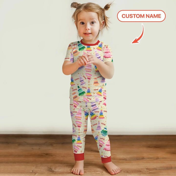 Personalized Twinkle Christmas Trees Two Piece Short Sleeve Pajama Set , Personalized Twinkle Christmas Trees Two Piece Short Sleeve Pajama Set - 12-18M