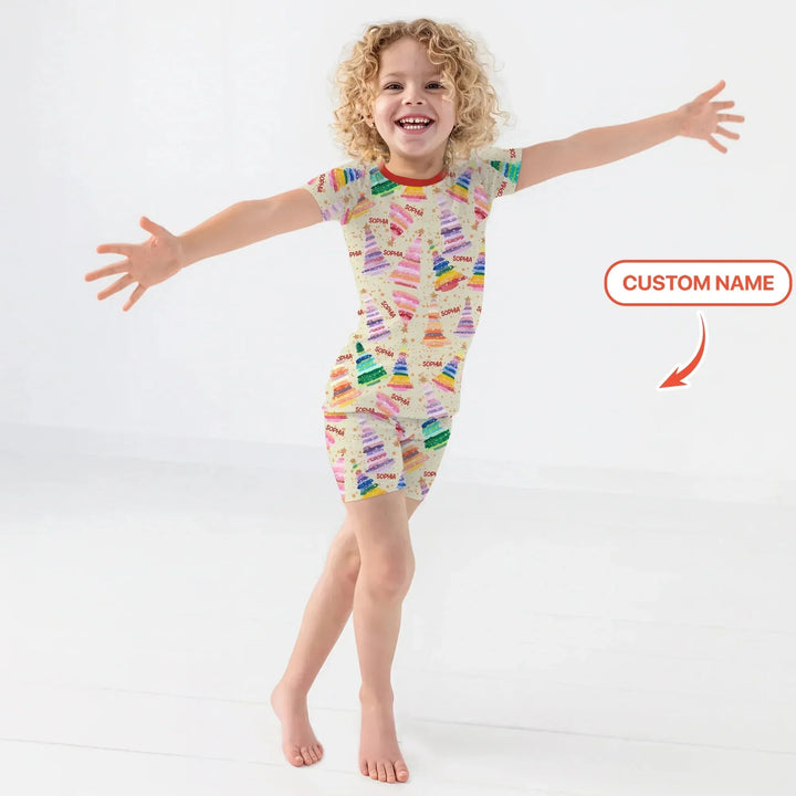 Personalized Twinkle Christmas Trees Two Piece Short Sleeve Shorts Pajama Set , Personalized Twinkle Christmas Trees Two Piece Short Sleeve Shorts Pajama Set - 12-18M