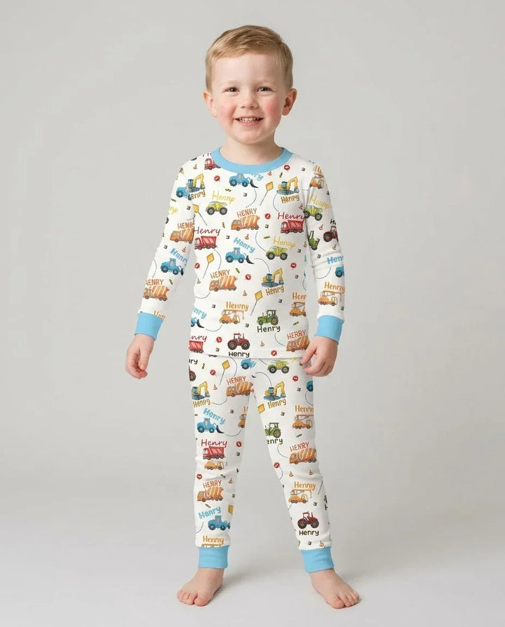 Custom Name Construction Vehicles Bamboo Two Piece Long Sleeve Pajama Set
