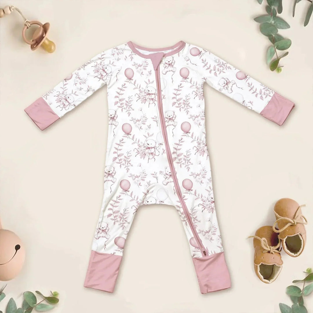 Pink Bear Toile de jouy Convertible Zippered Romper , Pink Bear Toile de jouy Convertible Zippered Romper - Newborn