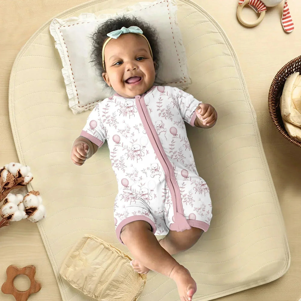 Pink Bear Toile de jouy Shorty Zippered Romper , Pink Bear Toile de jouy Shorty Zippered Romper - Newborn