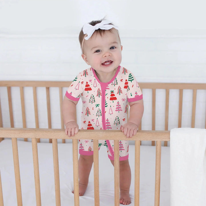 Pink Christmas Tree Farm Shorty Zippy , Pink Christmas Tree Farm Shorty Zippy - 0-3M