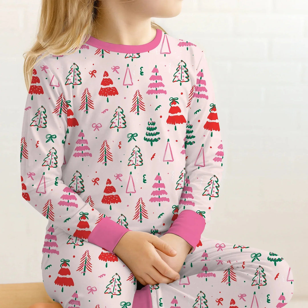 Pink Christmas Tree Farm Two Piece Long Sleeve Pajama Set , Pink Christmas Tree Farm Two Piece Long Sleeve Pajama Set - 12-18M