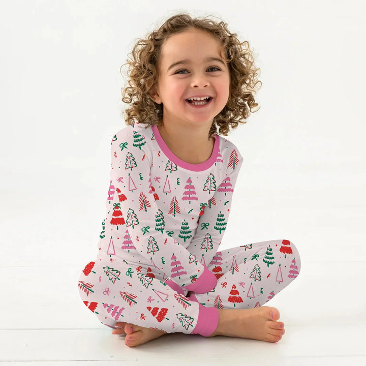 Pink Christmas Tree Farm Two Piece Long Sleeve Pajama Set , Pink Christmas Tree Farm Two Piece Long Sleeve Pajama Set - 12-18M
