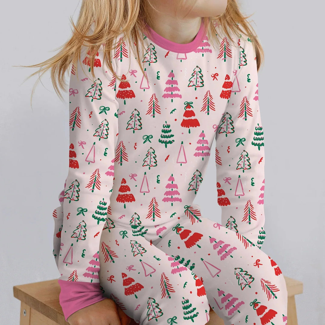 Pink Christmas Tree Farm Two Piece Long Sleeve Pajama Set , Pink Christmas Tree Farm Two Piece Long Sleeve Pajama Set - 12-18M