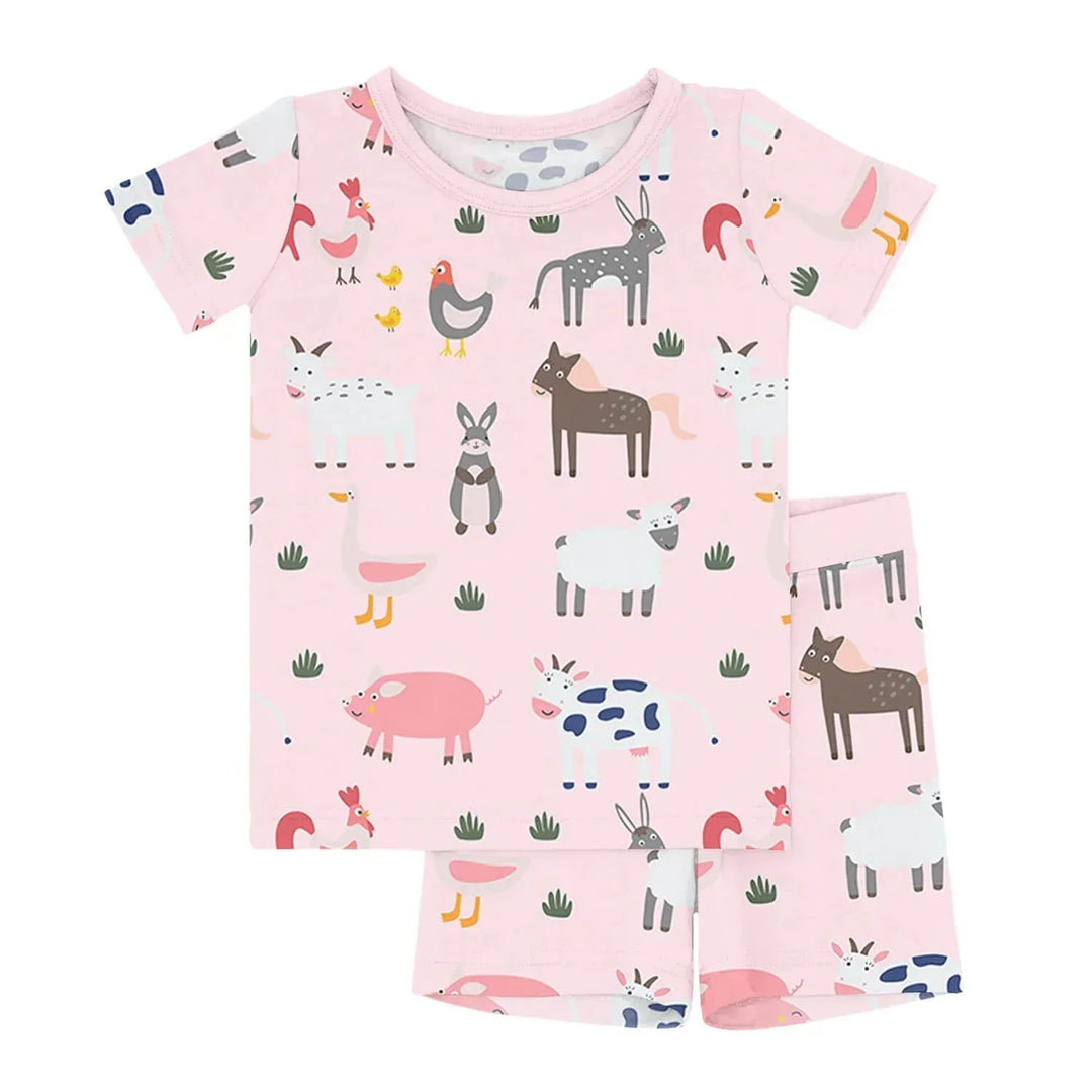 Pink Farm Animals Two Piece Short Sleeve Shorts Pajama Set , Pink Farm Animals Two Piece Short Sleeve Shorts Pajama Set - 12-18M