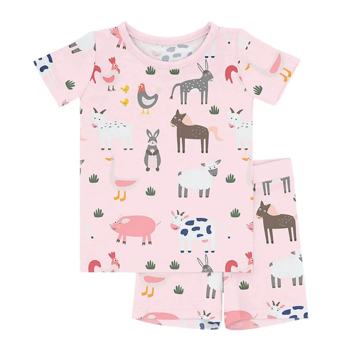 Pink Farm Animals Two Piece Short Sleeve Shorts Pajama Set , Pink Farm Animals Two Piece Short Sleeve Shorts Pajama Set - 12-18M