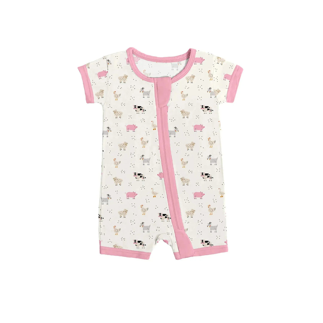 Pink Sleepy Farm Animals Shorty Zippered Romper , Pink Sleepy Farm Animals Shorty Zippered Romper - 0-3M