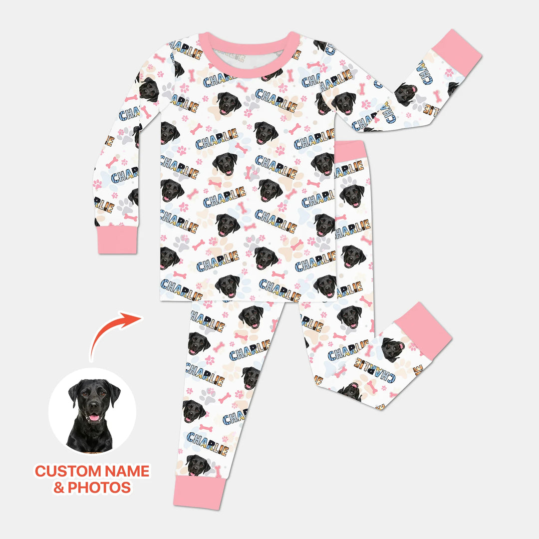 Custom Name Doodle Letters Blue Dog Bamboo Two Piece Long Sleeve Pajama Set