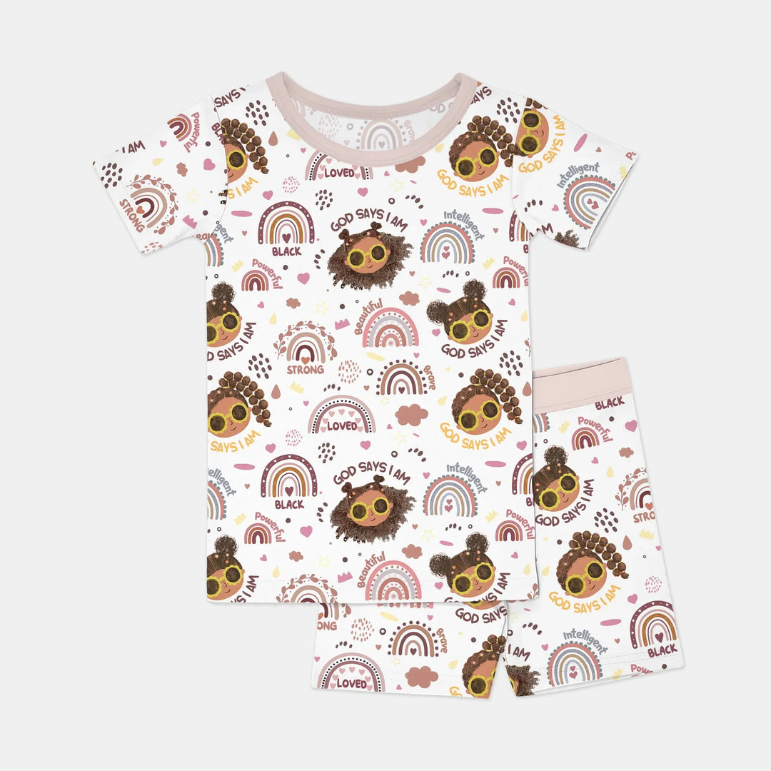 Afro African American Girl Bamboo Two Piece Short Sleeve Shorts Pajama Set