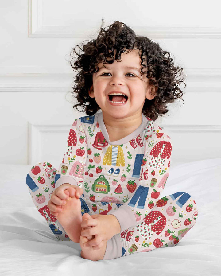 Strawberry School Style Bamboo Two Piece Long Sleeve Pajama Set
