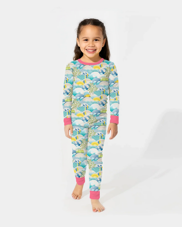 Coastal Road Trip Waves Surf Bamboo Two Piece Long Sleeve Pajama Set